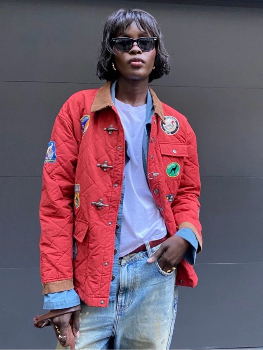 Quilted Patchwork Red Jacket with Corduroy Collar - Picture 2 of 9
